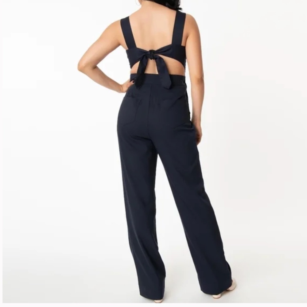 UNIQUE VINTAGE Sedgewick Blue Nautical Pin-Up Tie Back Jumpsuit • size Medium - Picture 6 of 7